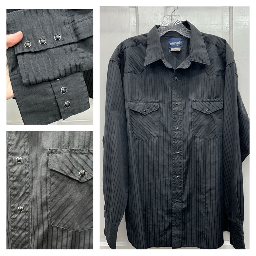 Vintage Wrangler western wear pearl snap long sleeve black dressy shirt men's xl